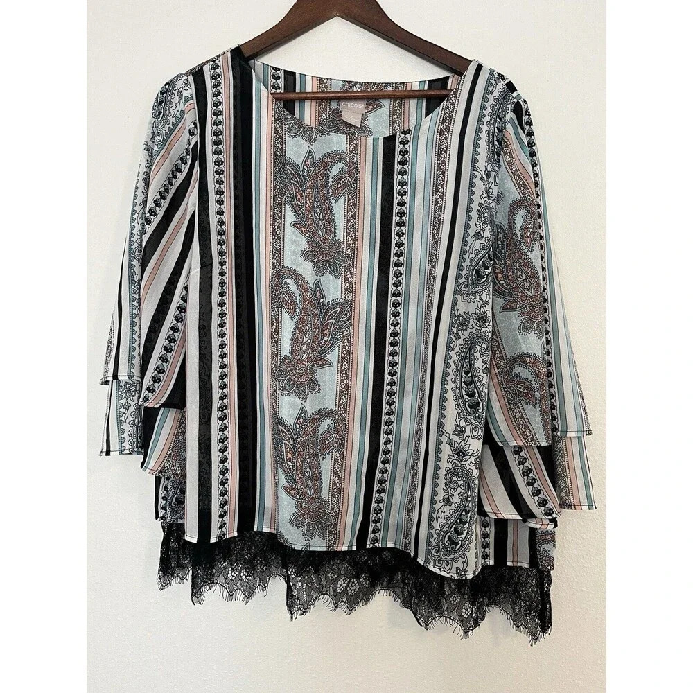Chico’s Sheer Top Women’s 2 L 12-14 Paisley Lace‎ Trim Double Lined Striped Mod